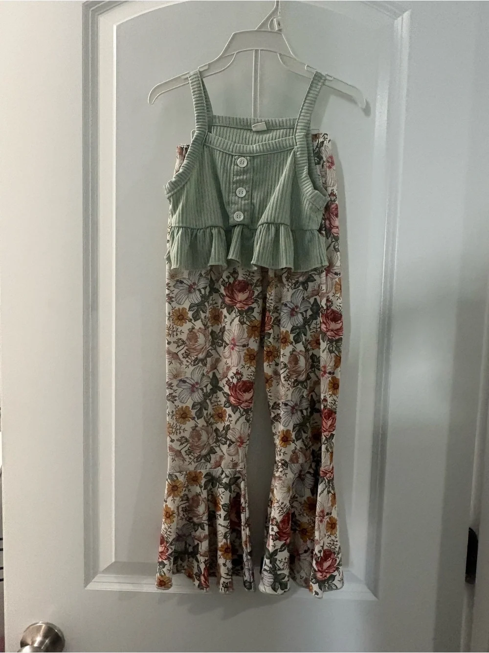 Floral and Sage Bell-Bottom & Cropped Matching Set